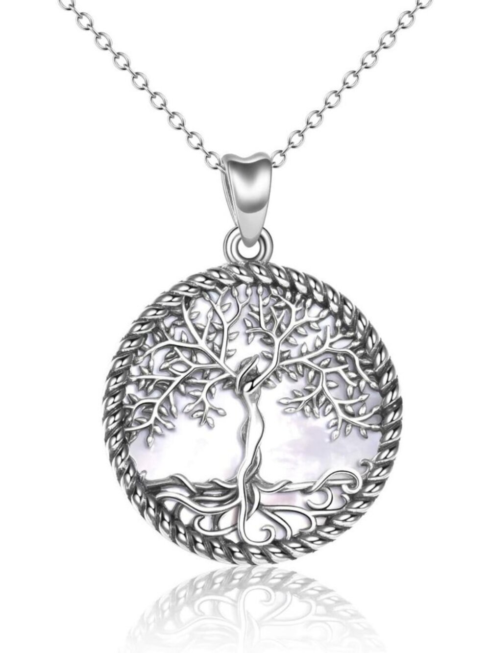 Sterling Silver Tree of Life Necklace with Abalone Shell & Crystal Pendant